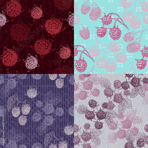 Raspberries and blackberries with abstract elements. Vector seamless pattern. Hand drawn illustrations.
