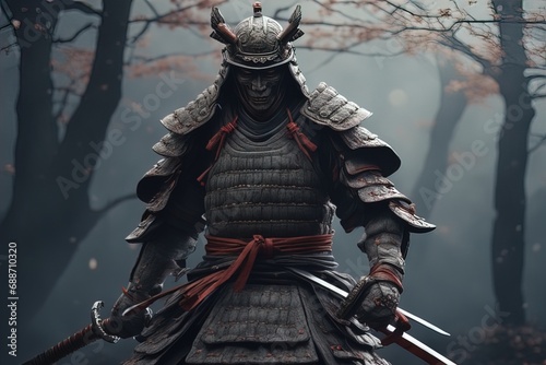 Ghost Samurai, samurai warrior bound by a ghostly curse, wearing shabby samurai armor	 photo
