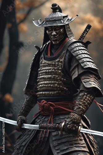 Ghost Samurai, samurai warrior bound by a ghostly curse, wearing shabby samurai armor 