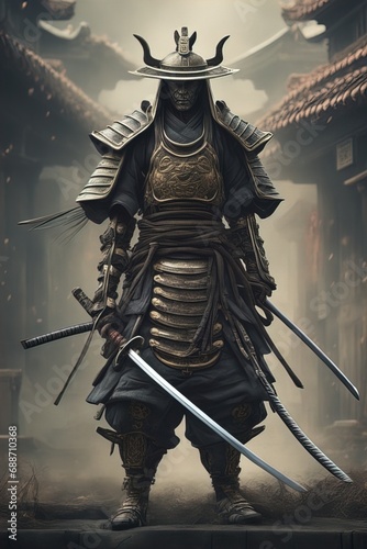 Ghost Samurai, samurai warrior bound by a ghostly curse, wearing shabby samurai armor 