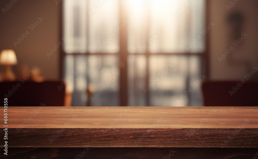 Wooden table or surface with blurred interior background Wooden table or surface with blurred interior background