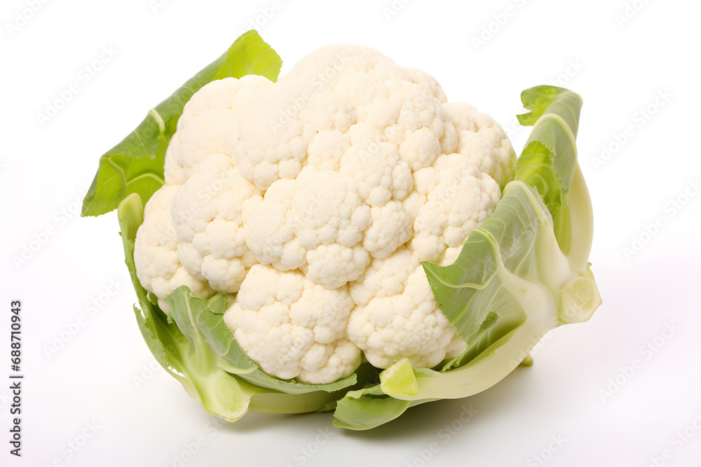 Whole cauliflower head with leafy greens on white backdrop Whole cauliflower head with leafy greens on white backdrop