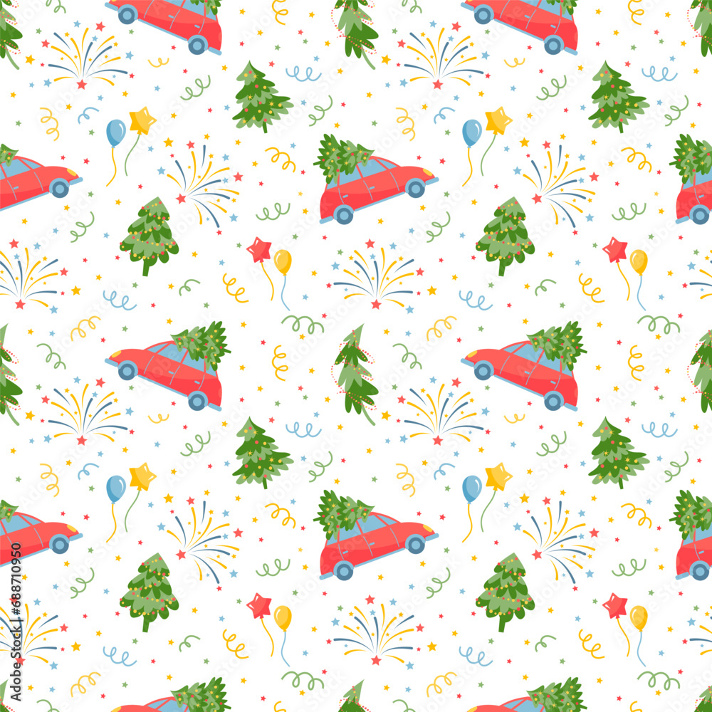 Fototapeta premium Seamless pattern with cars and christmas trees. Vector color illustration