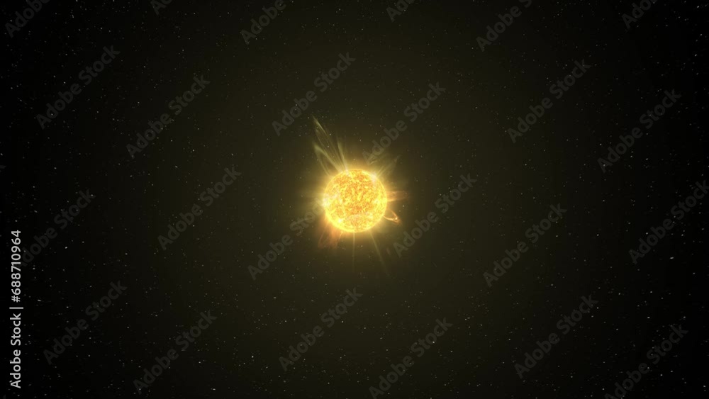 Moving around a sun in the distance, with large prominences and coronal mass ejections, over a star background. To learn how you can customize this animation, see my profile.