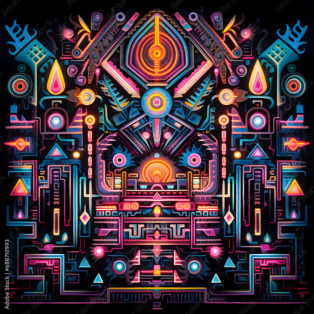 a symphony featuring the vivid glow of neon lights, tribal motifs, and cosmic influences