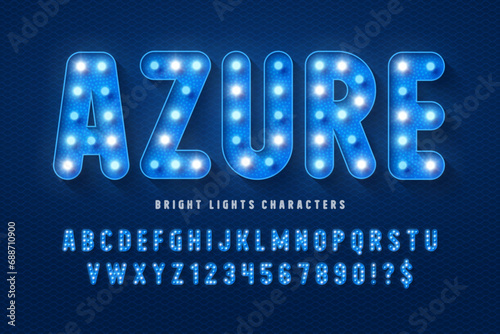 Retro cinema alphabet design, cabaret, warm lamps letters and numbers.