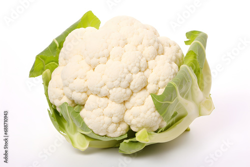 Whole cauliflower head with leafy greens on white backdrop
