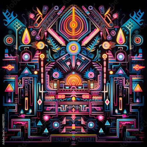 a symphony featuring the vivid glow of neon lights  tribal motifs  and cosmic influences