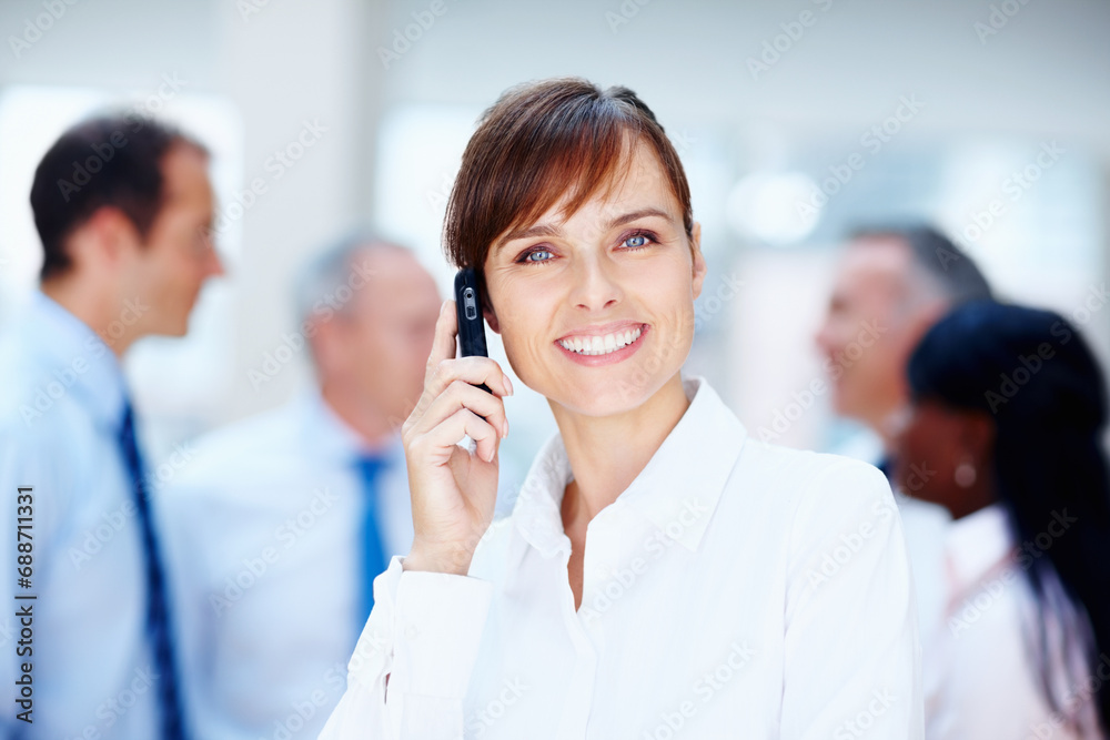 Business woman, phone call and portrait in office of lawyer with confidence and smile. Happy, working and company employee with attorney networking and law firm legal discussion with corporate staff Business woman, phone call and portrait in office of lawyer with confidence and smile. Happy, working and company employee with attorney networking and law firm legal discussion with corporate staff