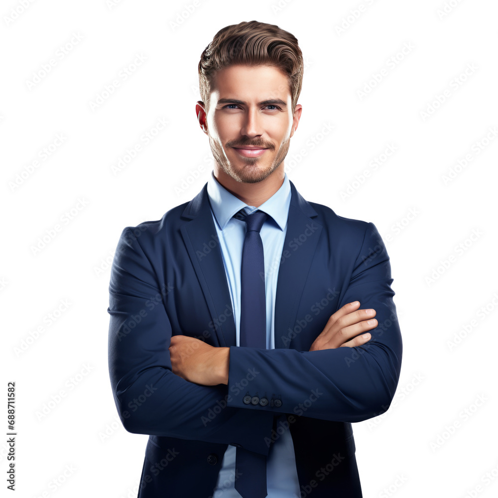 Confident smart businessman, cross one's arm formal costume, Isolated on white and transparent background