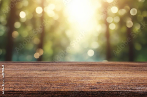Fototapeta Naklejka Na Ścianę i Meble -  Wooden table or surface with blurred summer forest background