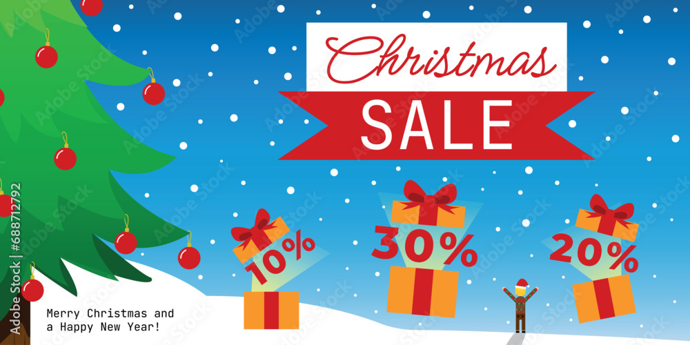 Christmas Sale Banner - Snowy Scenery, Pine Tree Decorated with Red Balls and Gifts Opening with Discounts 10%, 20% and 30% off