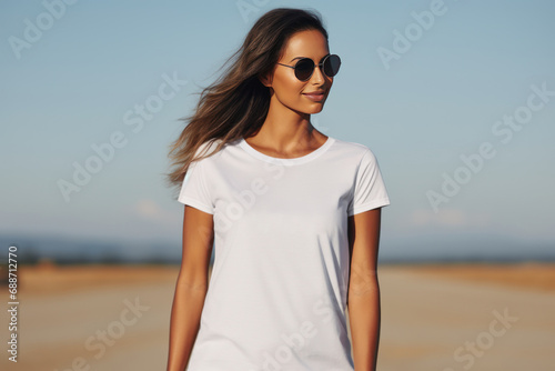 Young woman wearing canvas white t-shirt mockup. Design tshirt template, print presentation mock-up. Close up. Lifestyle, street, outside.