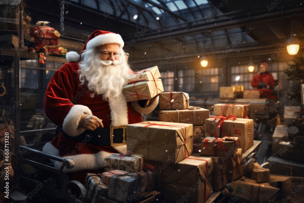 Santa Claus works diligently, creating and wrapping toys in his festive workshop