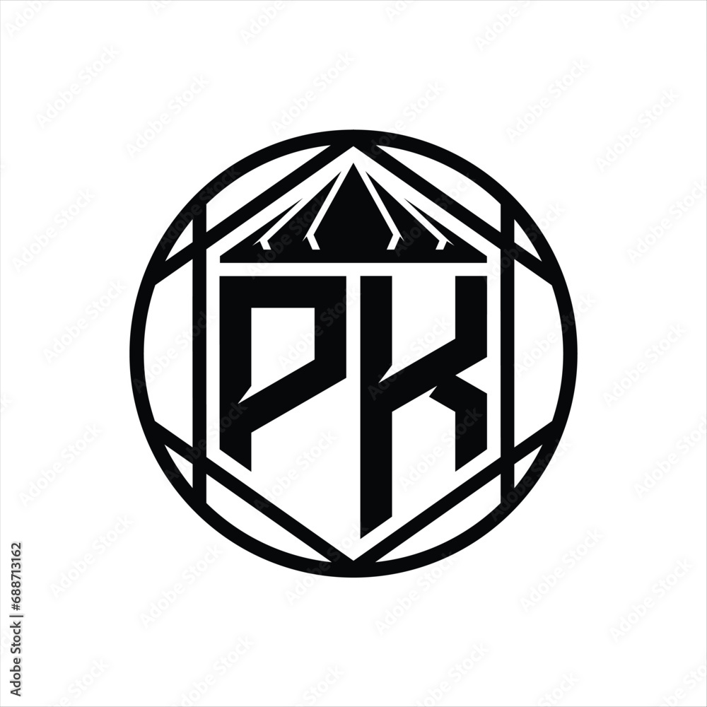 PK Letter Logo monogram hexagon slice crown sharp shield shape isolated circle abstract style design PK Letter Logo monogram hexagon slice crown sharp shield shape isolated circle abstract style design