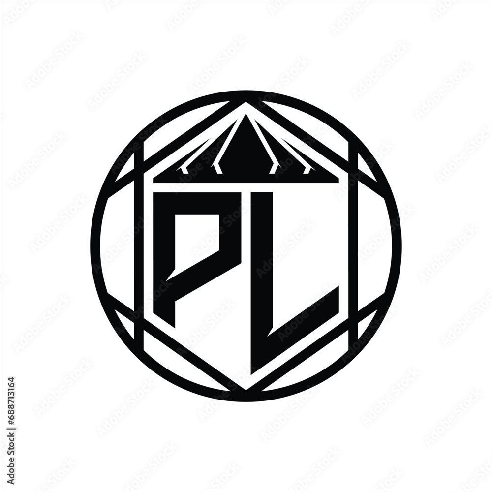 PL Letter Logo monogram hexagon slice crown sharp shield shape isolated circle abstract style design PL Letter Logo monogram hexagon slice crown sharp shield shape isolated circle abstract style design