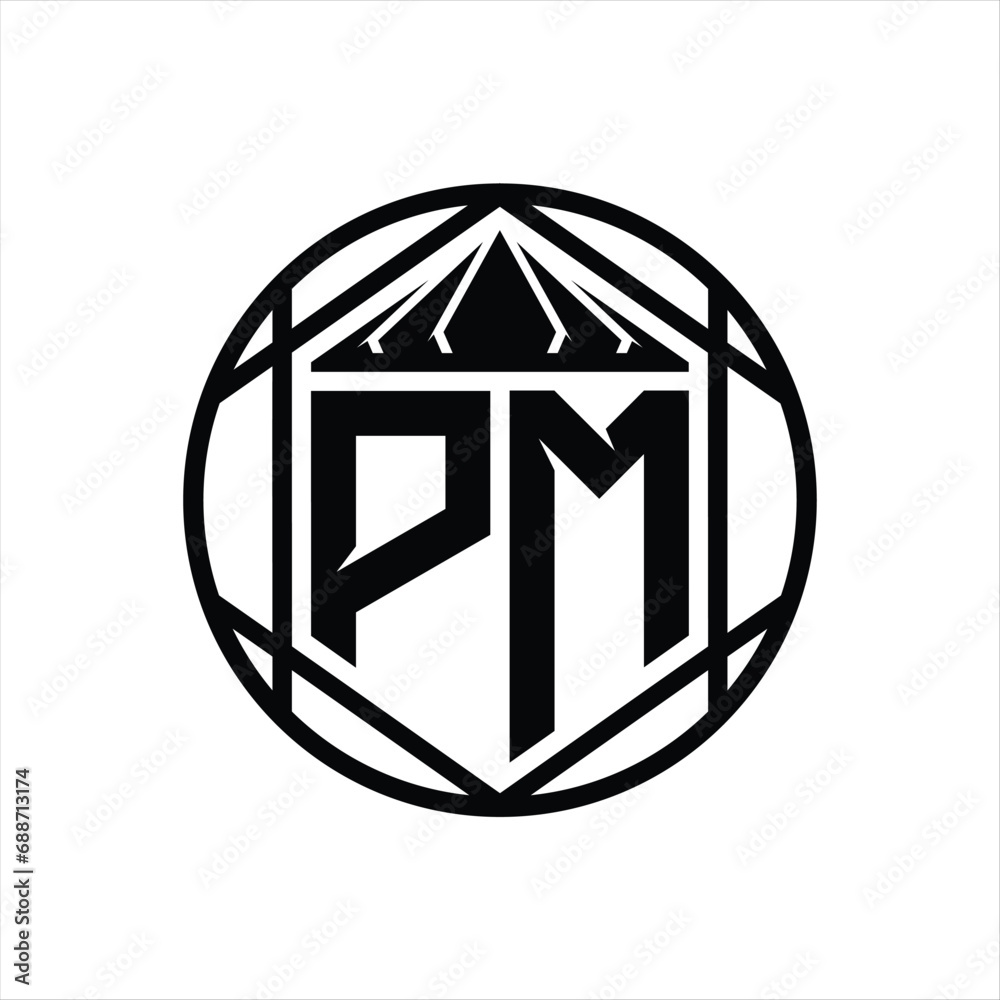 PM Letter Logo monogram hexagon slice crown sharp shield shape isolated circle abstract style design PM Letter Logo monogram hexagon slice crown sharp shield shape isolated circle abstract style design