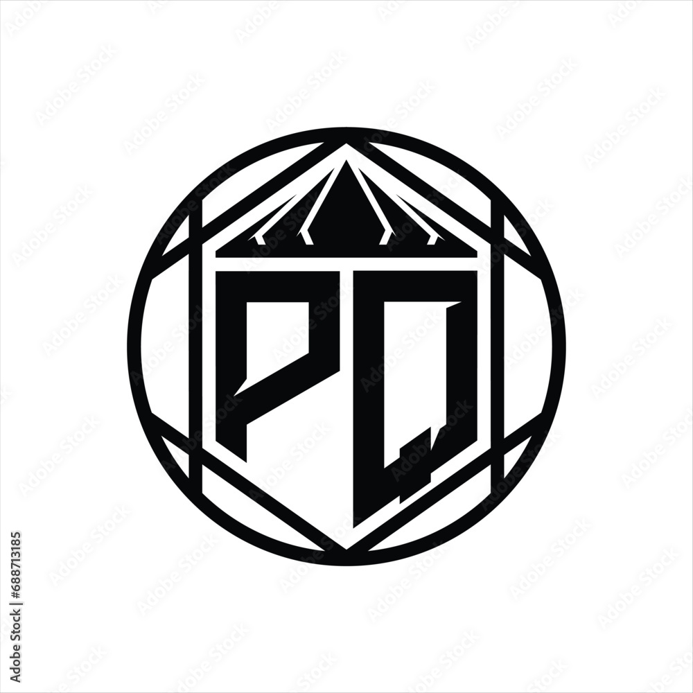 PQ Letter Logo monogram hexagon slice crown sharp shield shape isolated circle abstract style design PQ Letter Logo monogram hexagon slice crown sharp shield shape isolated circle abstract style design