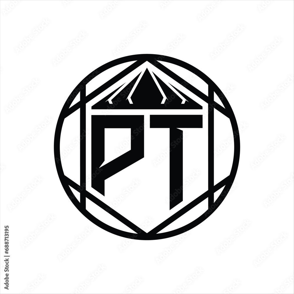 PT Letter Logo monogram hexagon slice crown sharp shield shape isolated circle abstract style design PT Letter Logo monogram hexagon slice crown sharp shield shape isolated circle abstract style design