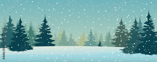 Flat panoramic Christmas landscape of forest, pine trees, fir trees, snowdrifts and snow with space for text. Design for New Year and Christmas.
