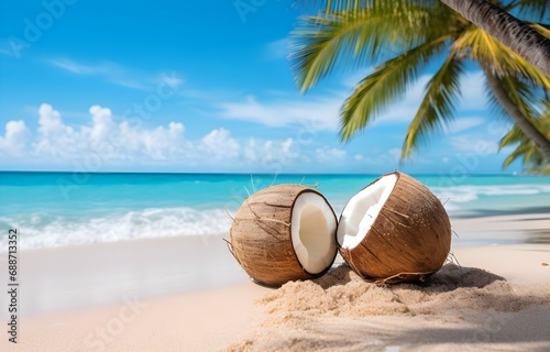 coconuts on white beach sand over blue transparent ocean wave background