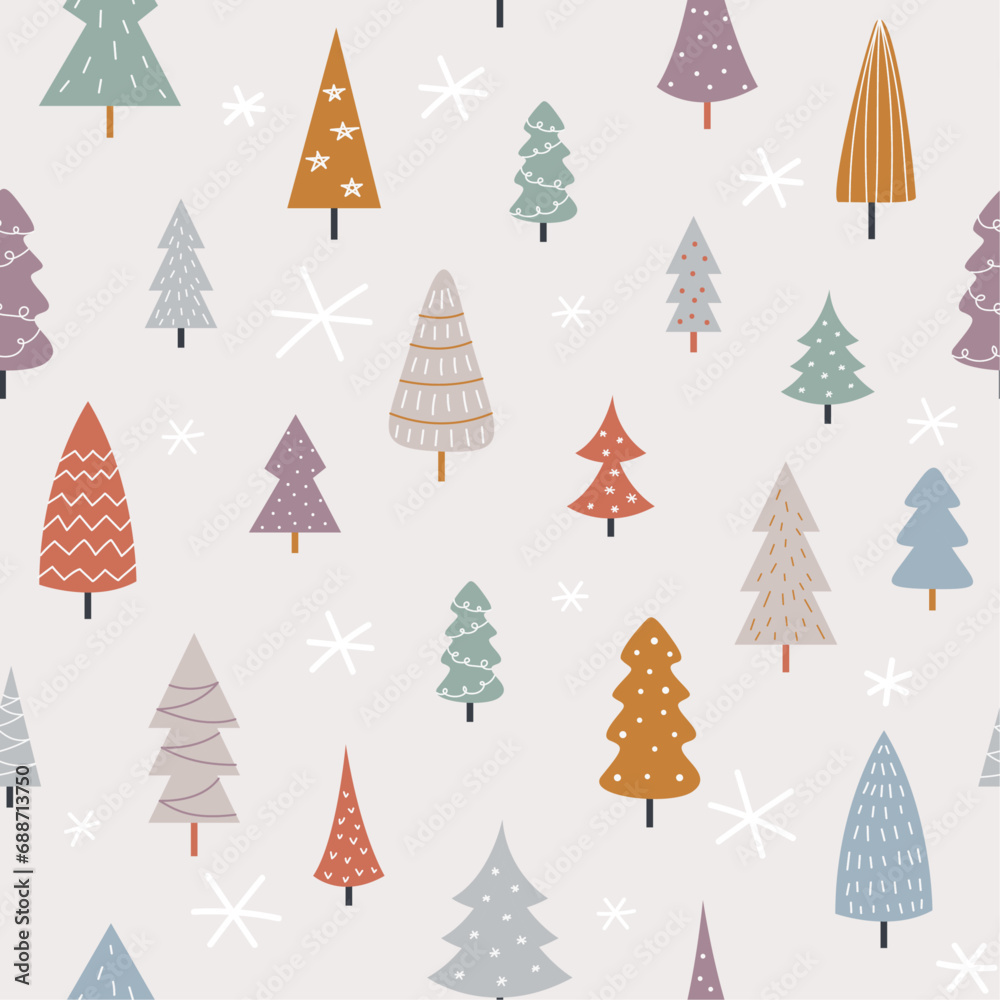 Seamless pattern for winter using hand drawn trees. For background, wallpaper, wrapping paper, scrapbooking, textile