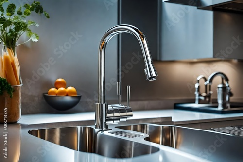 An image of a kitchen sink with a tap that is shiny and immaculately clean