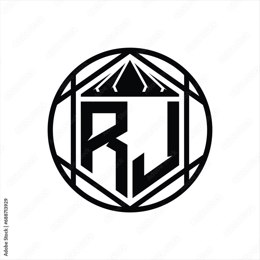 RJ Letter Logo monogram hexagon slice crown sharp shield shape isolated circle abstract style design RJ Letter Logo monogram hexagon slice crown sharp shield shape isolated circle abstract style design