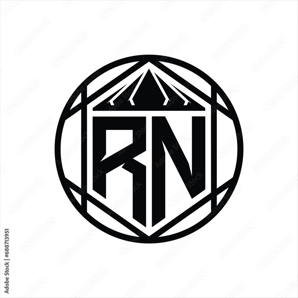 RN Letter Logo monogram hexagon slice crown sharp shield shape isolated circle abstract style design RN Letter Logo monogram hexagon slice crown sharp shield shape isolated circle abstract style design