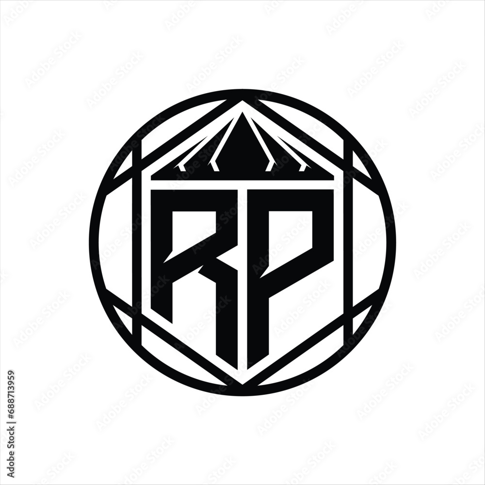 RP Letter Logo monogram hexagon slice crown sharp shield shape isolated circle abstract style design RP Letter Logo monogram hexagon slice crown sharp shield shape isolated circle abstract style design