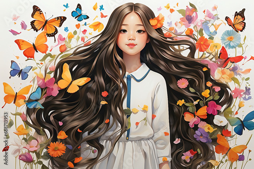 colourful flowers blooming and butterflies flying around the little girl | protect the girl child | Child mental health
