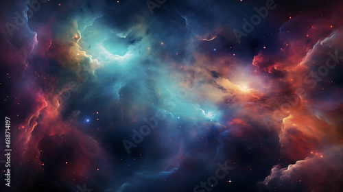  a nebula in space. It appears as a vibrant cloud with a bright center, exhibiting a mix of blue, purple, pink, and orange colors. The background is black, dotted with small white stars