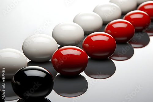 Line of alternating black red and white spheres with reflections © youriy