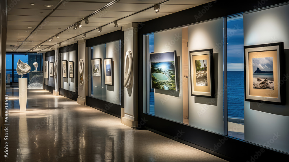 Cruise Ship Art Gallery Curated Displays Elegant Lighting Ocean Views Tranquil Atmosphere No Visitors
