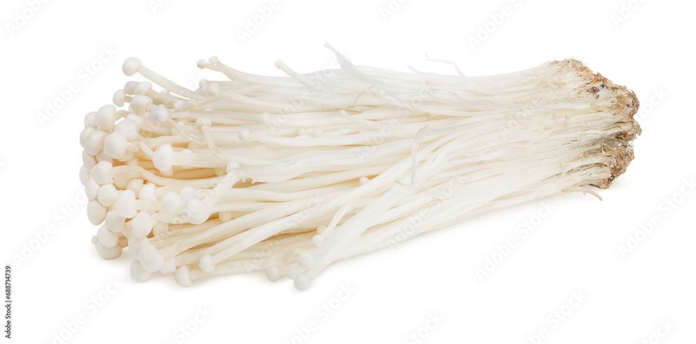Enoki mushrooms on a white background. Close-Up, Texture