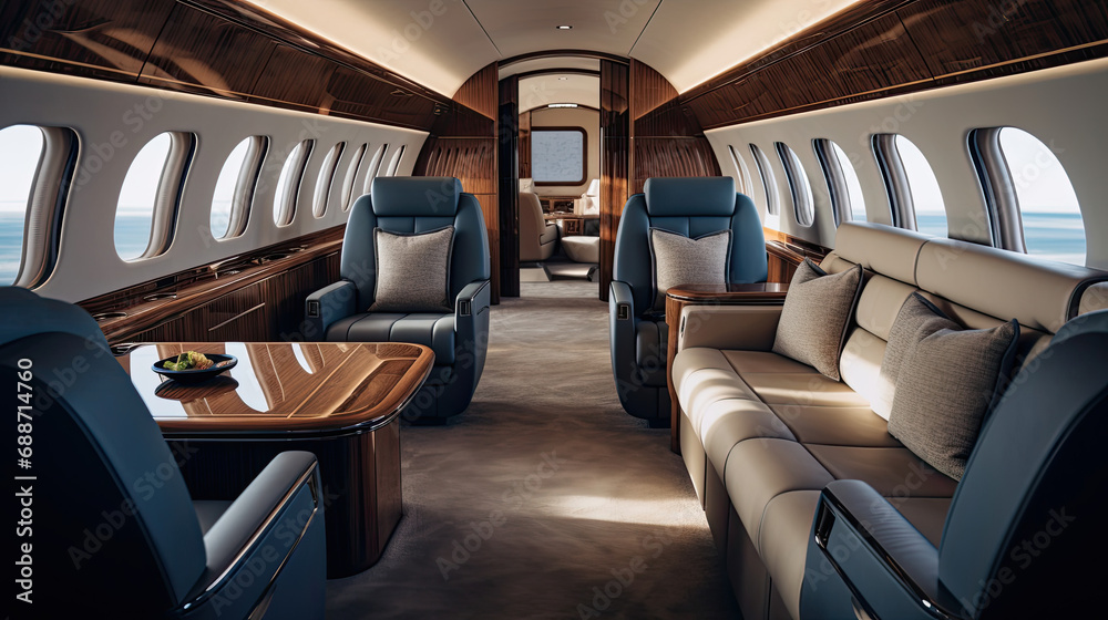 Private Jet Lounge Plush Seating Custom Furnishings Artisan Finishes Panoramic Windows Passenger-Free