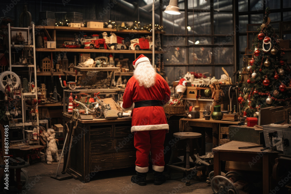 Santa Claus works diligently, creating and wrapping toys in his festive workshop