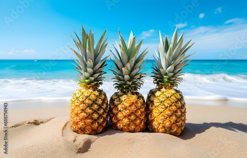 pineapple fruits on white beach sand over blue transparent ocean wave background