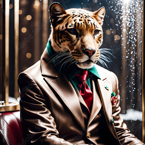 I see a panther wearing a brown Gucci suit. The panther looks so powerful and stylish in the suit. The brown color is a perfect match for the panther's fur. The suit makes the panther look even more i