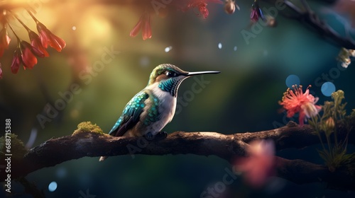 Realistic Illustration of Hummingbird Flying Near Flowers