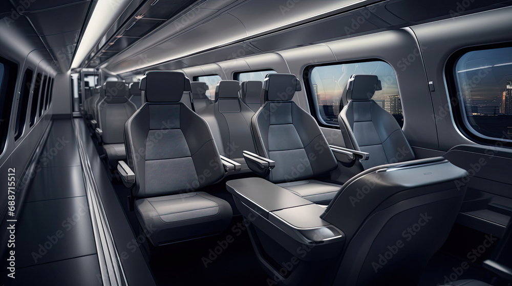 Interior of high-speed train ergonomic seating futuristic lighting charcoal gray