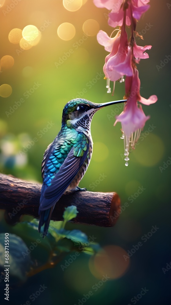Naklejka premium Realistic Illustration of Hummingbird Flying Near Flowers