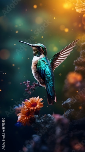 Realistic Illustration of Hummingbird Flying Near Flowers © Mauro