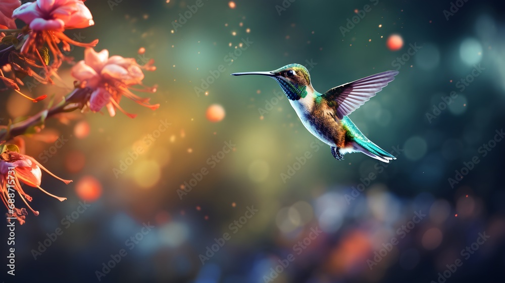 Fototapeta premium Realistic Illustration of a Hummingbird Flying near Flowers 