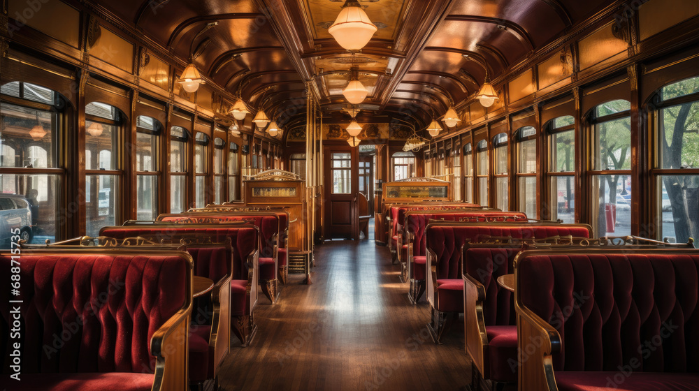 Interior of vintage trolley car oak wood paneling burgundy leather seats ornate fixtures