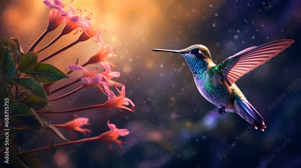 Realistic Illustration of a Hummingbird Flying near Flowers 