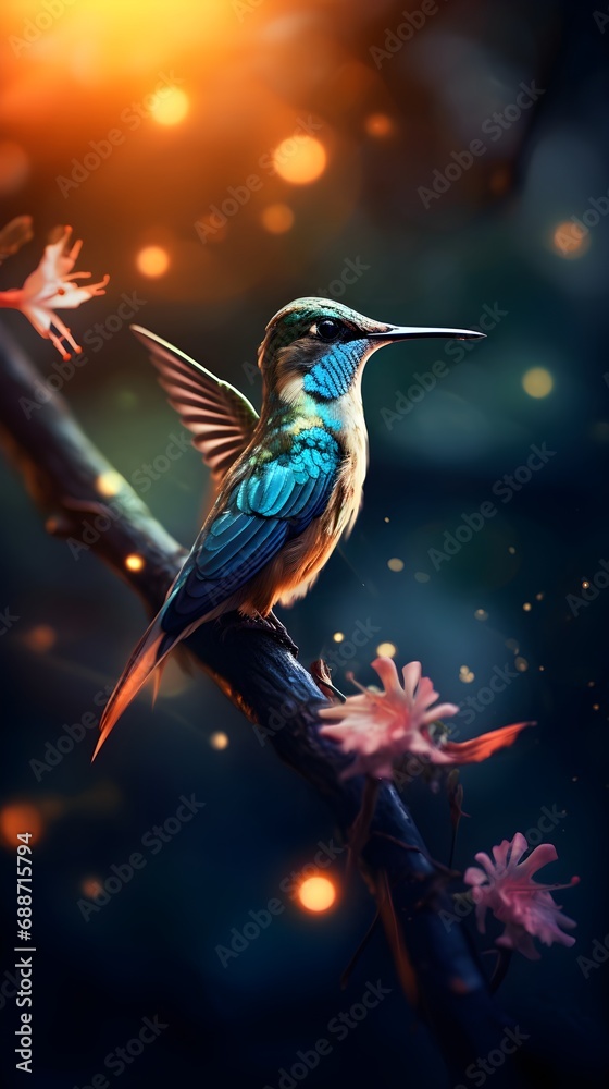 Fototapeta premium Realistic Illustration of a Hummingbird Flying near Flowers 