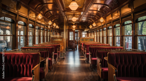 Interior of vintage trolley car oak wood paneling burgundy leather seats ornate fixtures © javier
