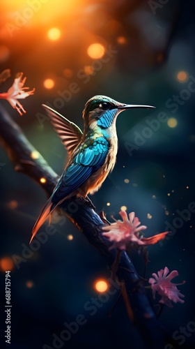 Realistic Illustration of a Hummingbird Flying near Flowers  © Mauro