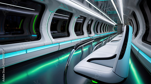 Interior of sleek monorail white surfaces electric blue accents charcoal gray seats LED lighting